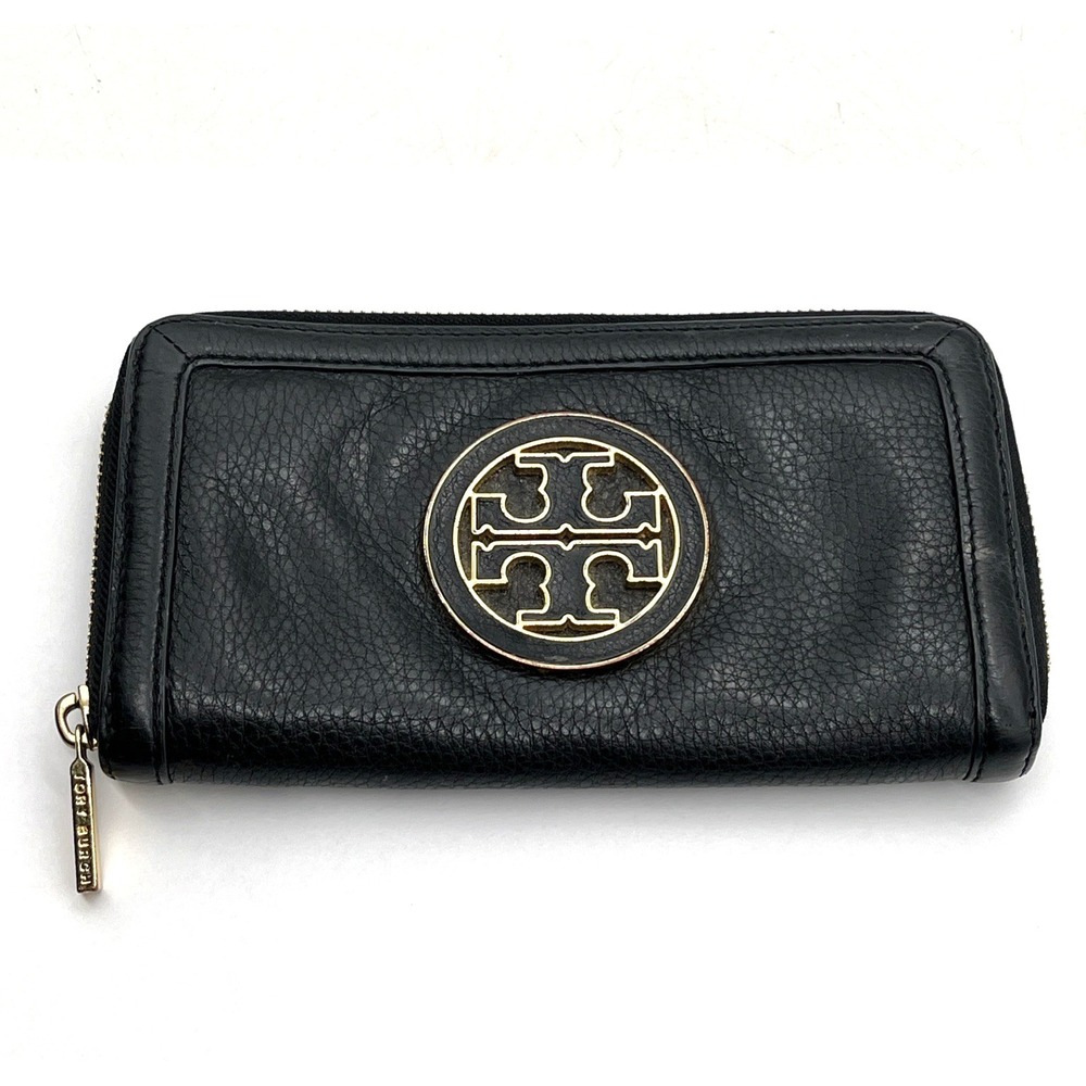 Tory Burch Black Pebbled Leather Zip Around Wallet Large Logo Clutch